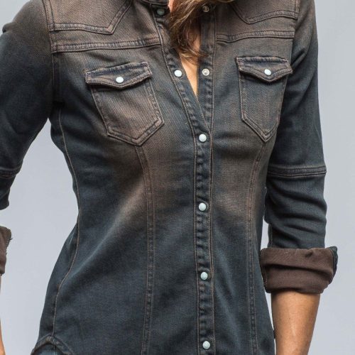 axels premium denim maddi fitted western snap shirt in brown over dye ladies tops axels vail 38523641561322