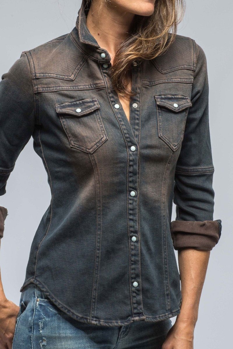 axels premium denim maddi fitted western snap shirt in brown over dye ladies tops axels vail 38523641561322