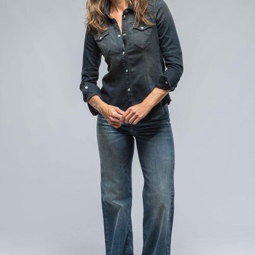 axels premium denim maddi fitted western snap shirt in dark indigo ladies tops axels vail 38548052607210