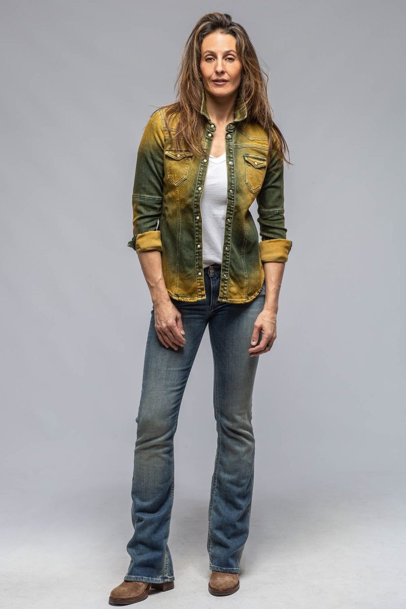 axels premium denim maddi fitted western snap shirt in marigold ladies tops axels vail 36416537592042