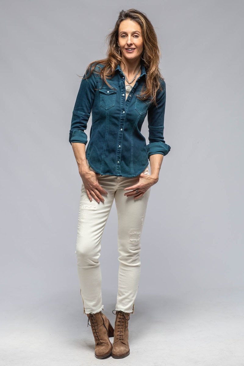 axels premium denim maddi fitted western snap shirt in petrol over dye ladies tops axels vail 36416553681130