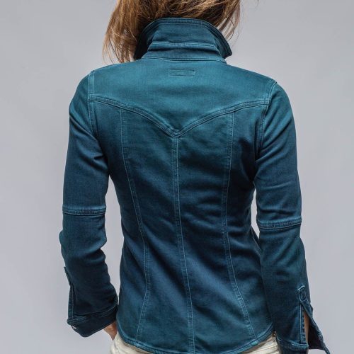 axels premium denim maddi fitted western snap shirt in petrol over dye ladies tops axels vail 36416606470378