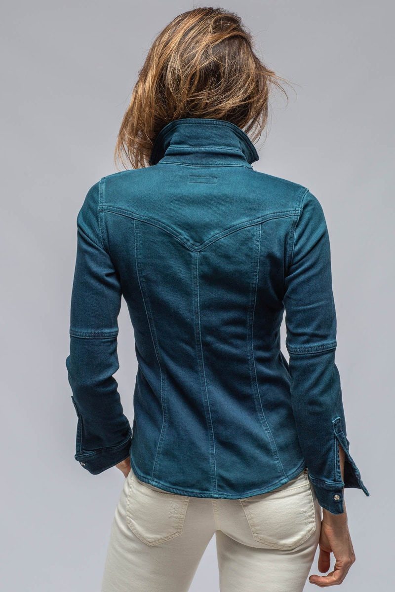 axels premium denim maddi fitted western snap shirt in petrol over dye ladies tops axels vail 36416606470378