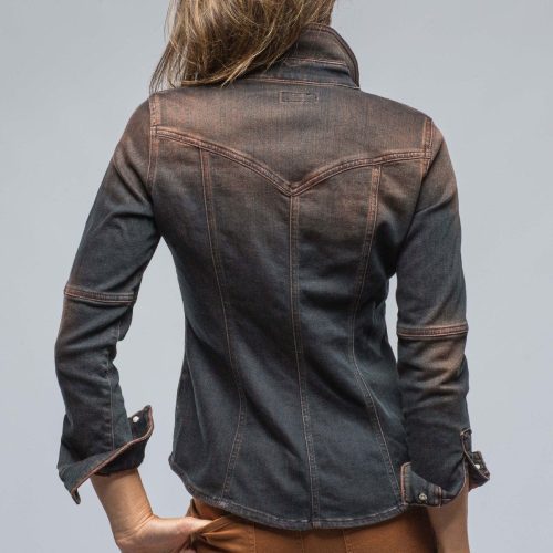 axels premium denim maddi fitted western snap shirt in ruggine over dye ladies tops axels vail 38523639628010