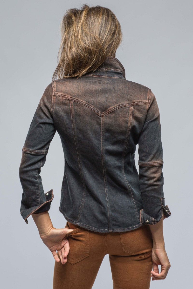 axels premium denim maddi fitted western snap shirt in ruggine over dye ladies tops axels vail 38523639628010