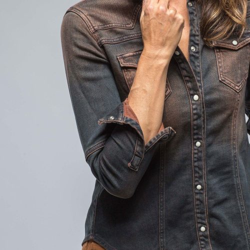 axels premium denim maddi fitted western snap shirt in ruggine over dye ladies tops axels vail 38523639660778