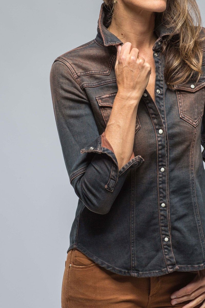 axels premium denim maddi fitted western snap shirt in ruggine over dye ladies tops axels vail 38523639660778