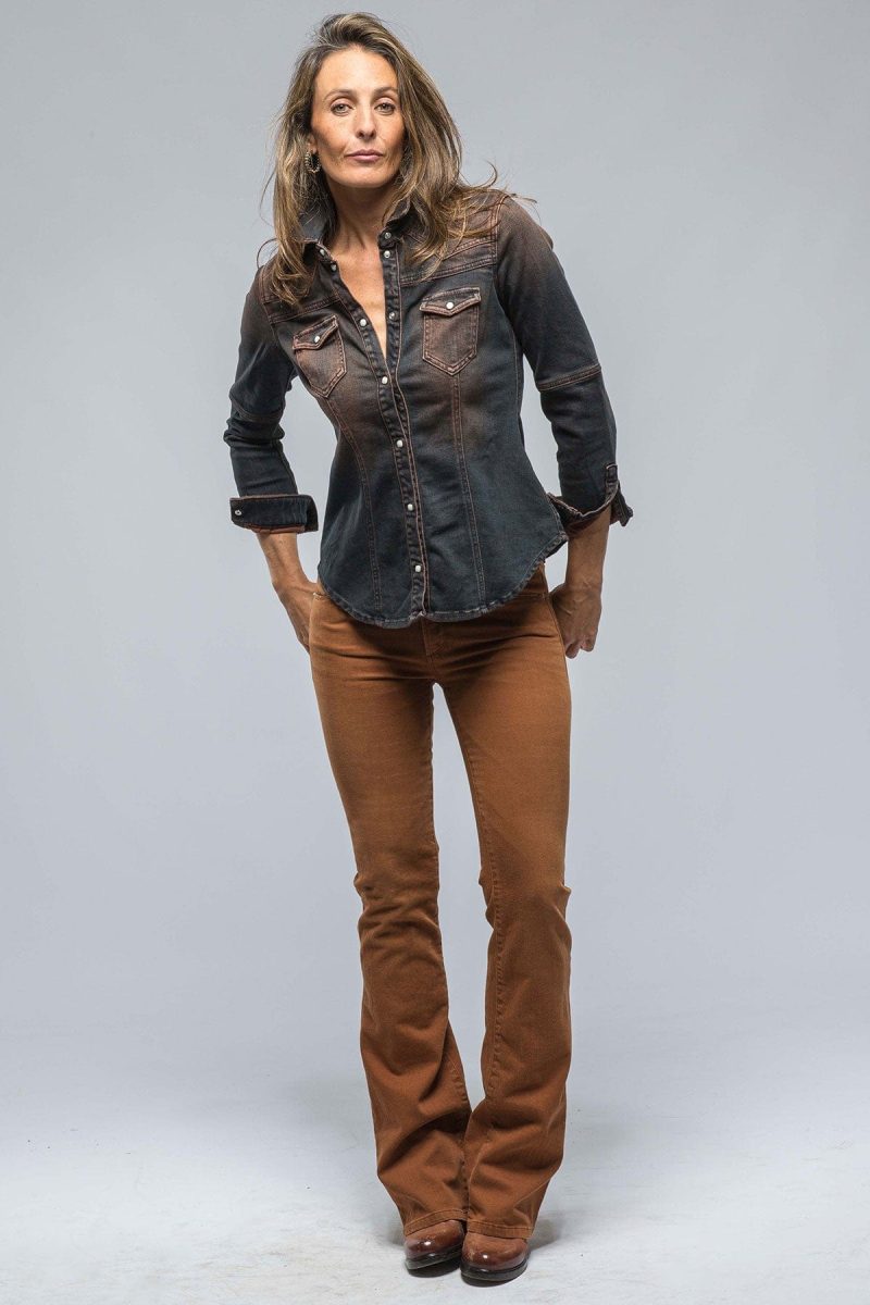 axels premium denim maddi fitted western snap shirt in ruggine over dye ladies tops axels vail 38523639890154