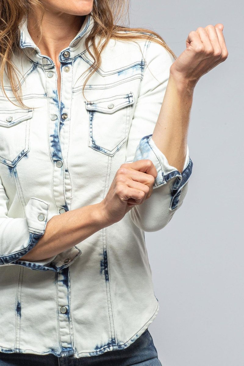 axels premium denim maddi fitted western snap shirt in white over dye ladies tops axels vail 37405599957226