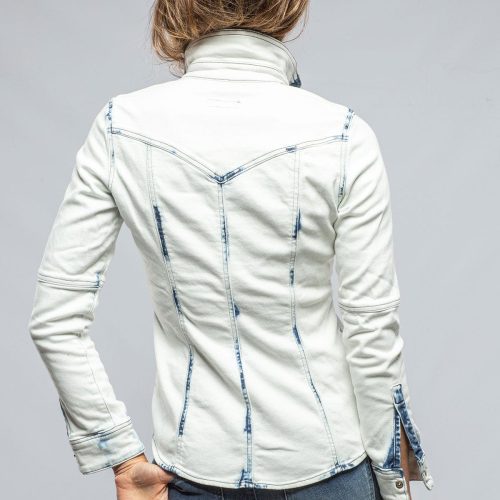 axels premium denim maddi fitted western snap shirt in white over dye ladies tops axels vail 37405600022762