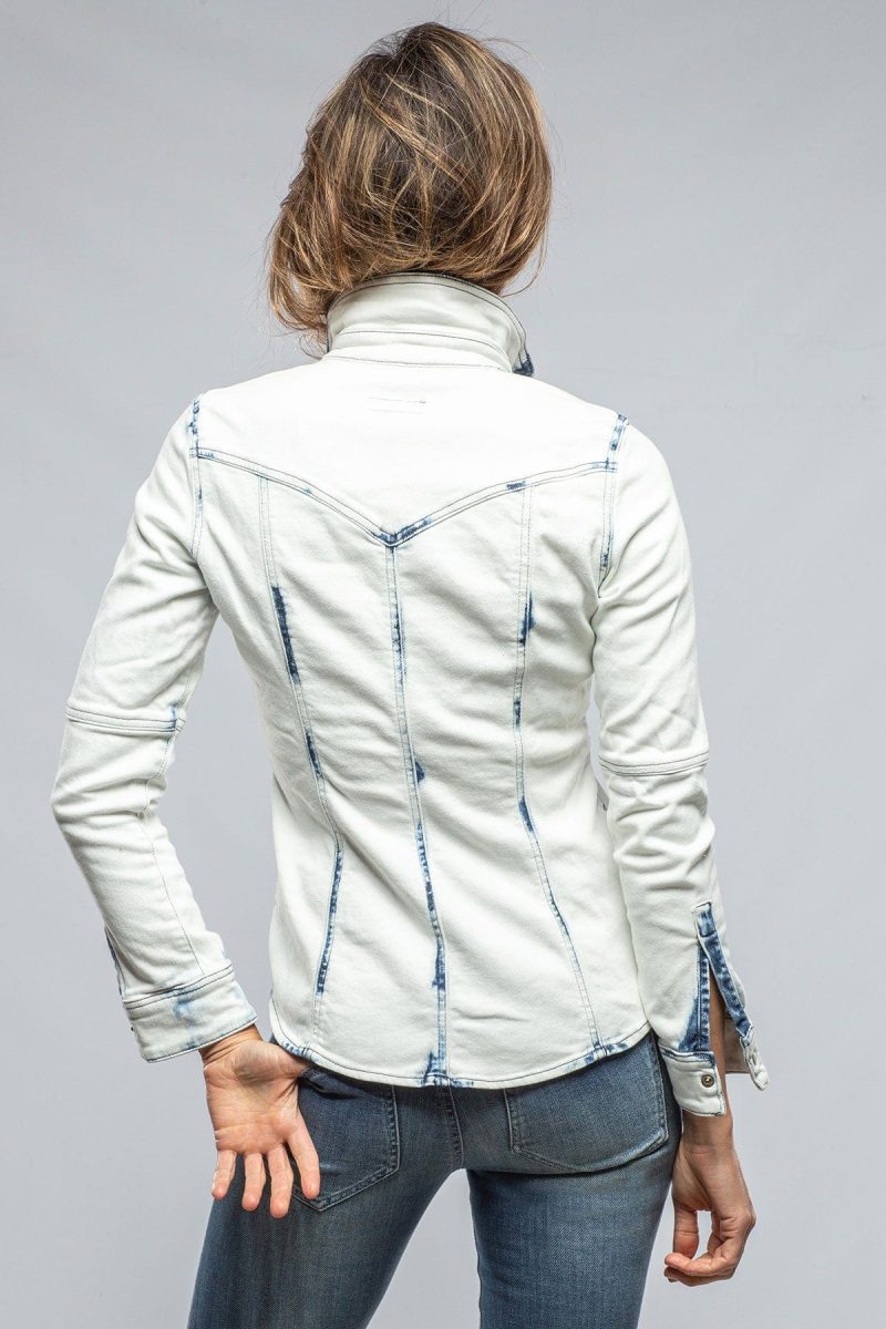 axels premium denim maddi fitted western snap shirt in white over dye ladies tops axels vail 37405600022762