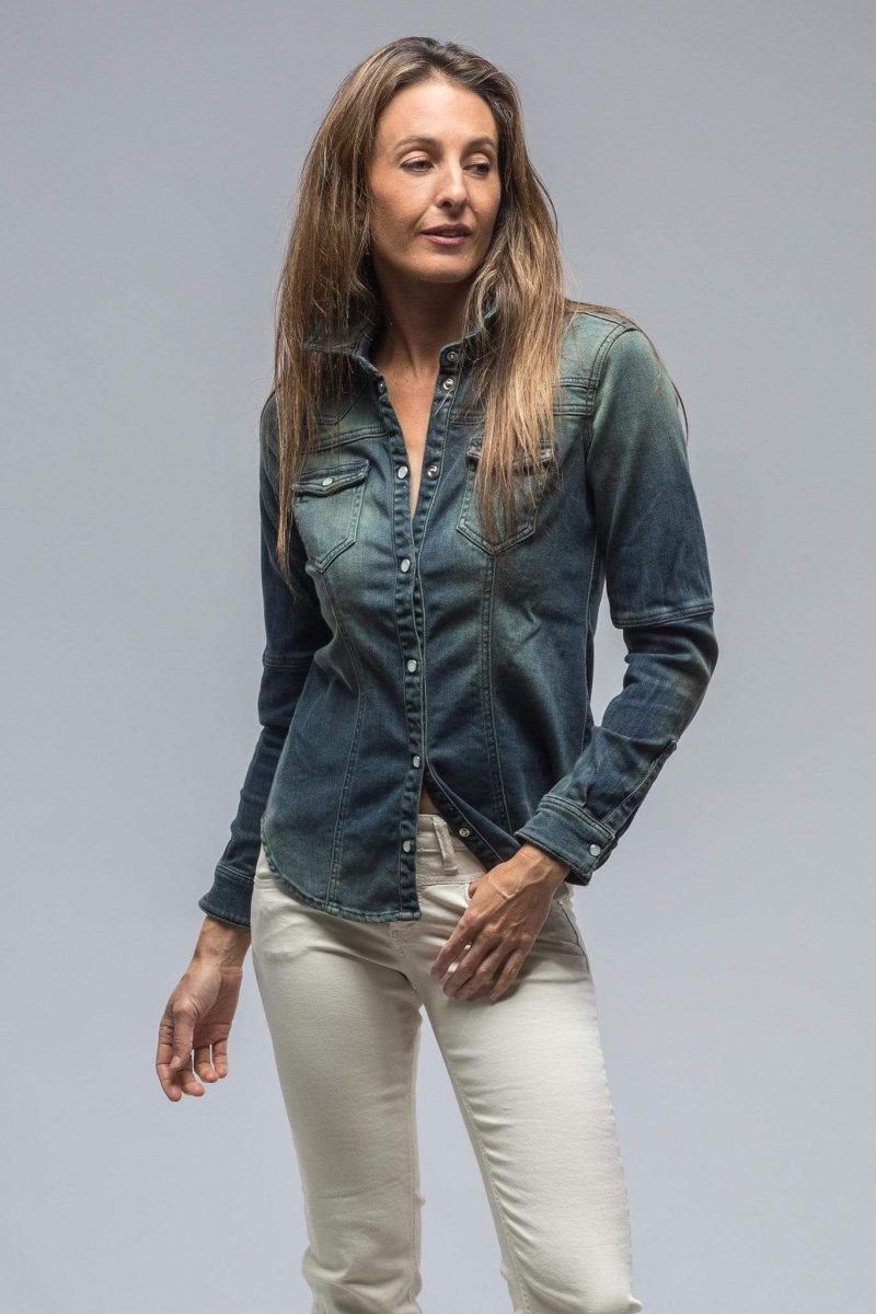 axels premium denim maddi western snap shirt in green over dye ladies tops axels vail 28207149318333