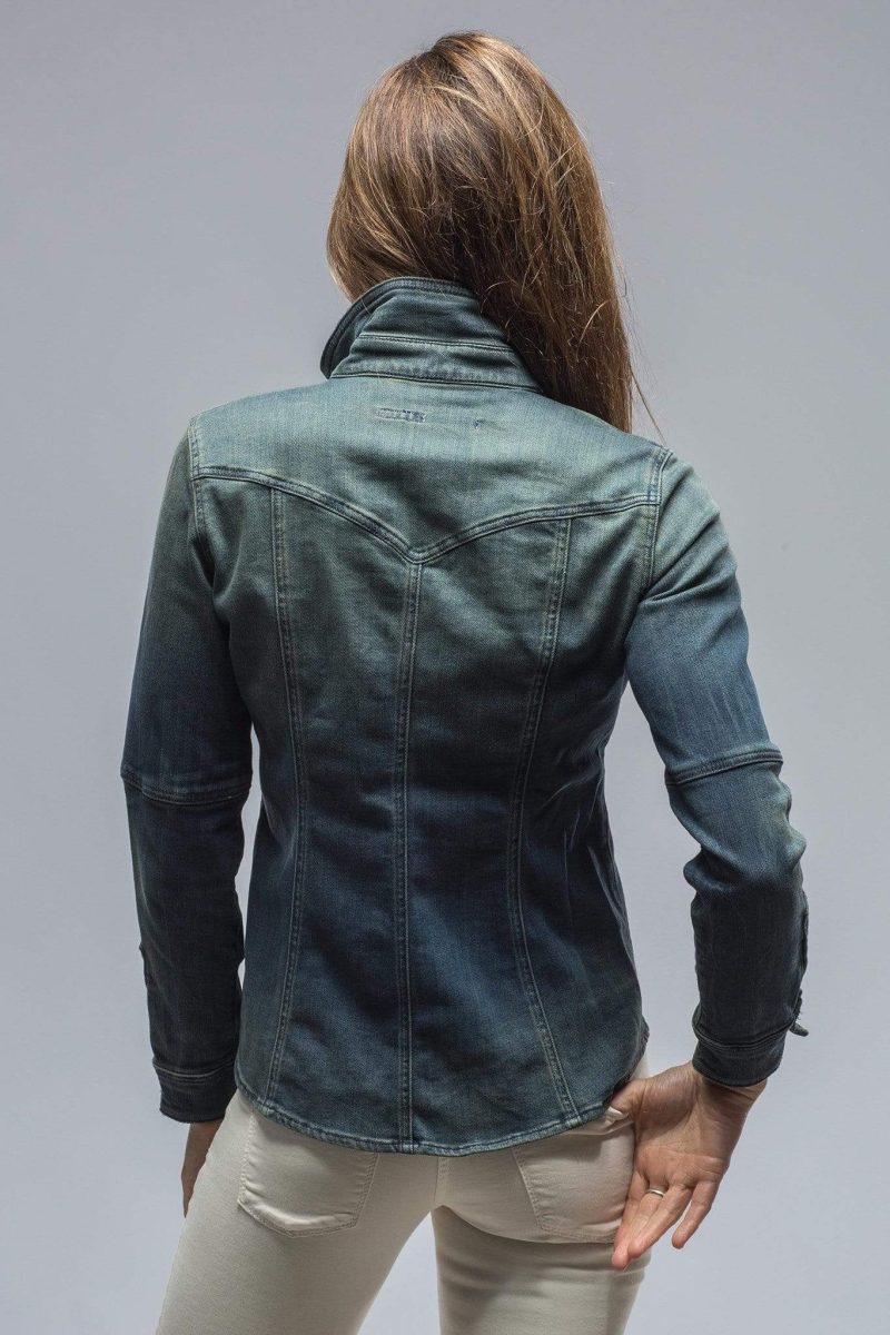 axels premium denim maddi western snap shirt in green over dye ladies tops axels vail 28207155642557