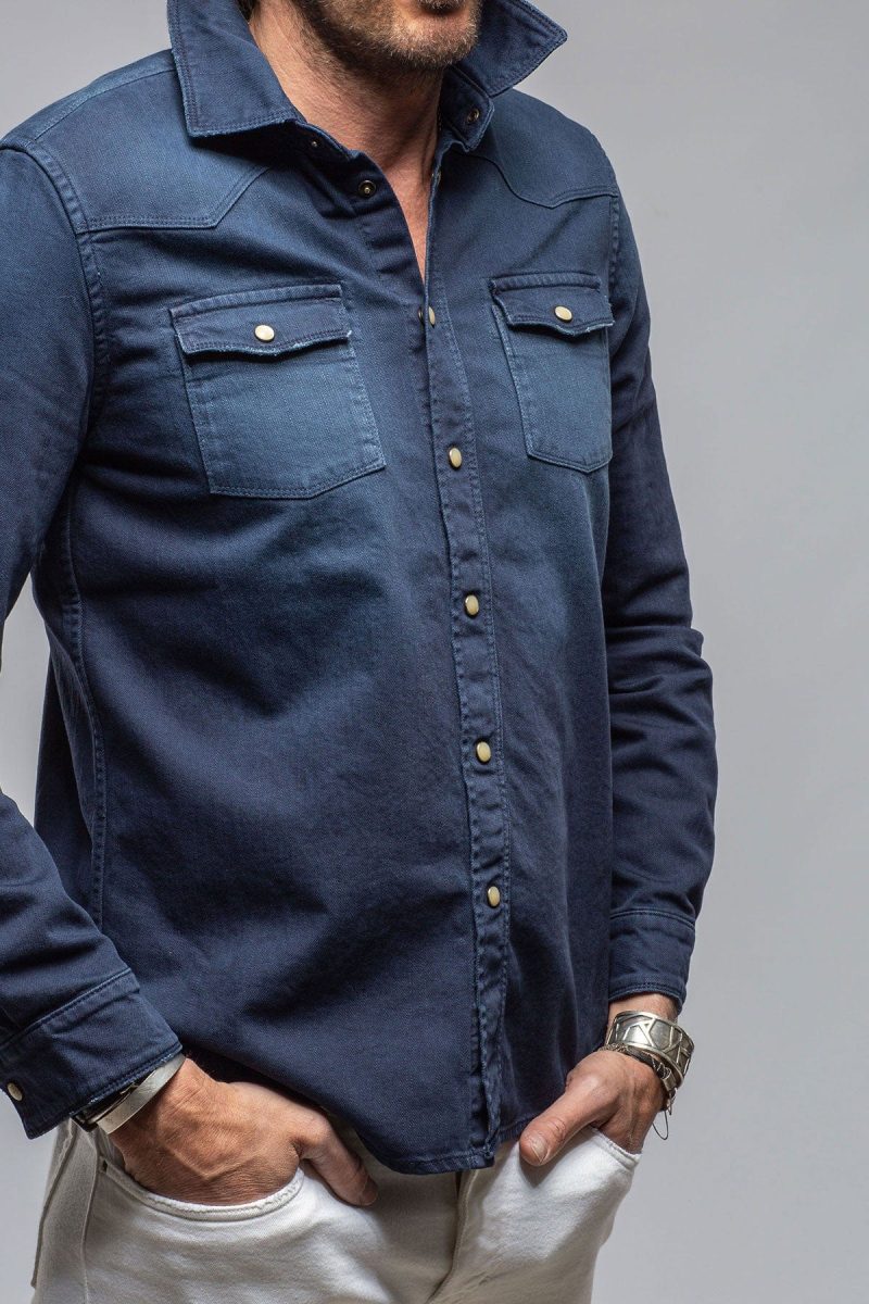 axels premium denim ranger colored denim snap shirt in blue cina mens shirts axels vail 40562156830954