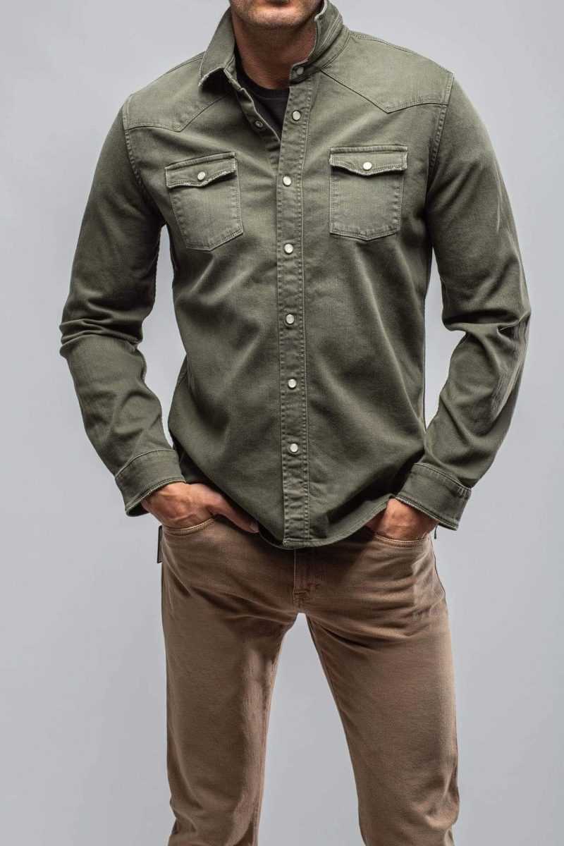 axels premium denim ranger denim snap shirt in army mens shirts axels vail 37292787728618