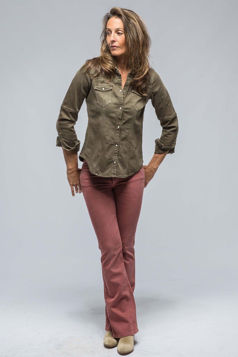 axels premium denim sweetwater denim shirt in army green ladies tops axels vail 38523143454954