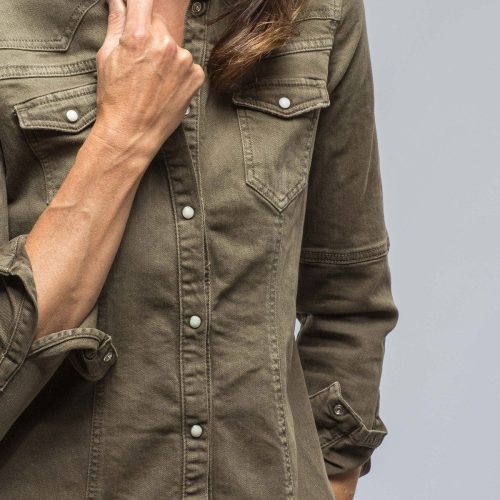 axels premium denim sweetwater denim shirt in army green ladies tops axels vail 38523143618794