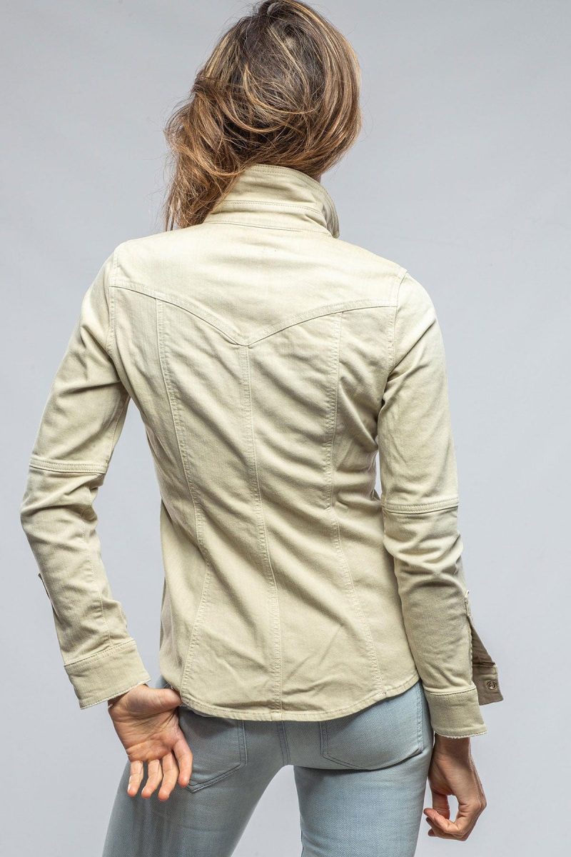 axels premium denim sweetwater denim shirt in celery ladies tops axels vail 37368210358506