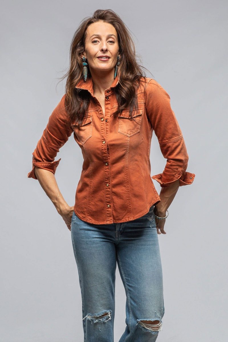 axels premium denim sweetwater denim shirt in coccio ladies tops axels vail 40632180146410