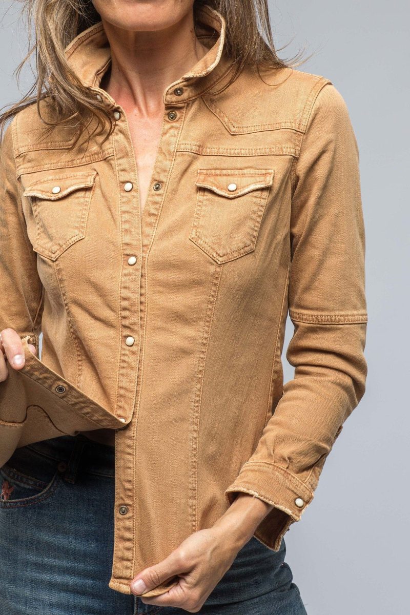 axels premium denim sweetwater denim shirt in cognac ladies tops axels vail 38539056054506