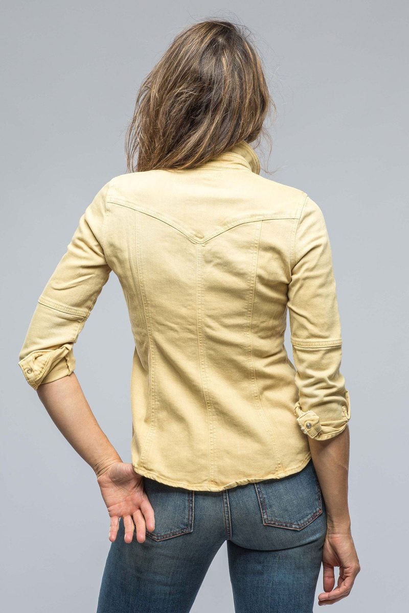 axels premium denim sweetwater denim shirt in lemon ladies tops axels vail 38539062116586