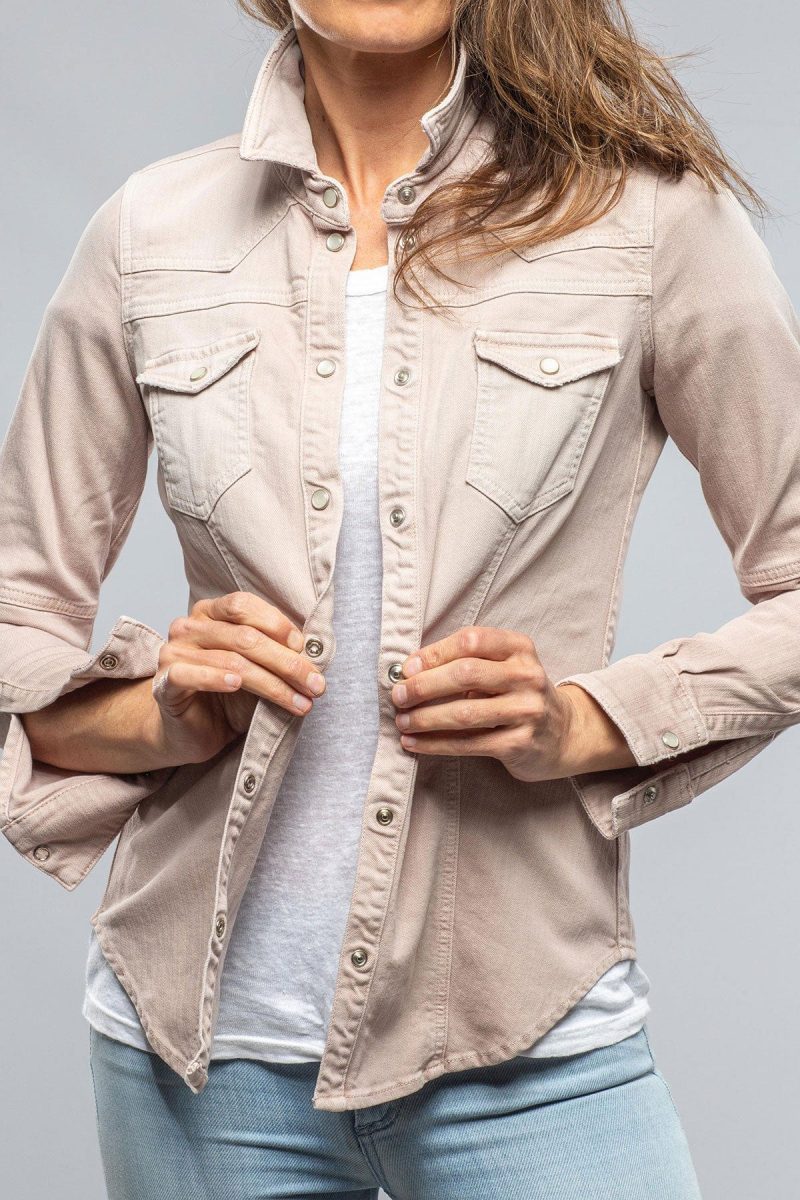 axels premium denim sweetwater denim shirt in light sand ladies tops axels vail 37368226447594