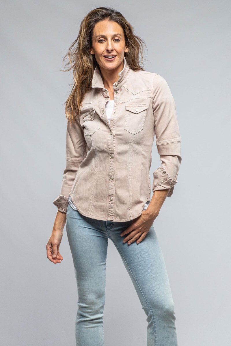 axels premium denim sweetwater denim shirt in light sand ladies tops axels vail 37368226513130