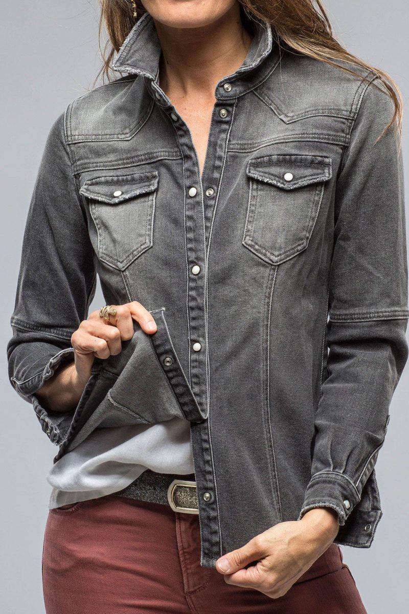 axels premium denim sweetwater denim shirt in mid grey ladies tops axels vail 38801912987882