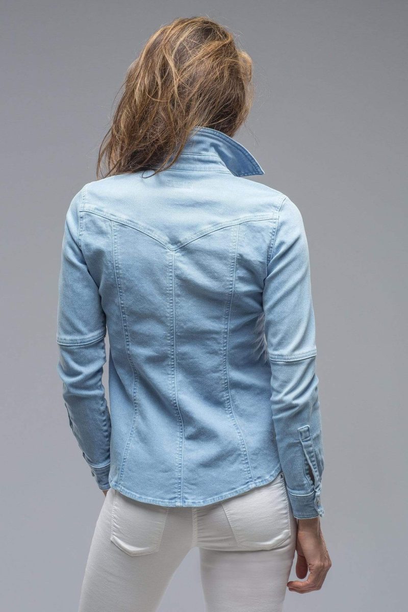 axels premium denim sweetwater denim shirt in peacock ladies tops axels vail 28248204673213