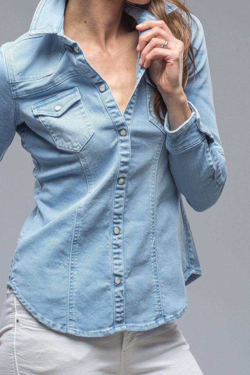 axels premium denim sweetwater denim shirt in peacock ladies tops axels vail 28252871360701