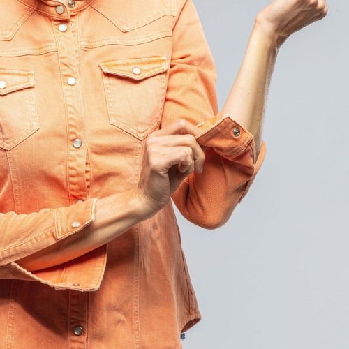 axels premium denim sweetwater denim shirt in tangerine ladies tops axels vail 37368203149546