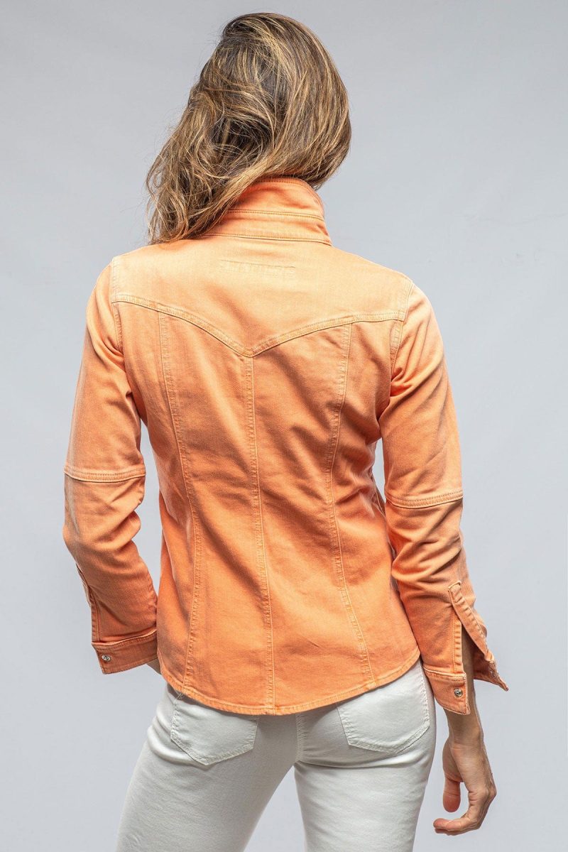 axels premium denim sweetwater denim shirt in tangerine ladies tops axels vail 37368203182314