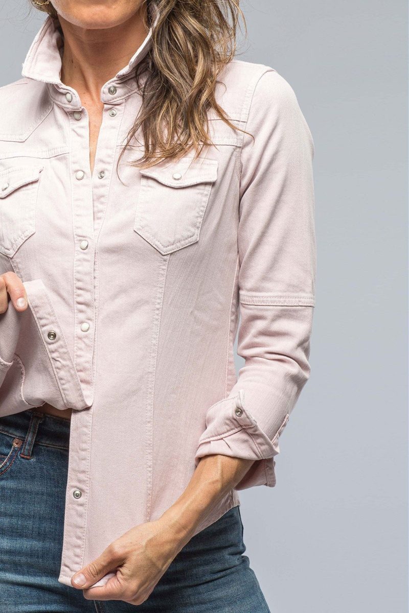 axels premium denim sweetwater denim shirt in vintage rose ladies tops axels vail 38548067811562