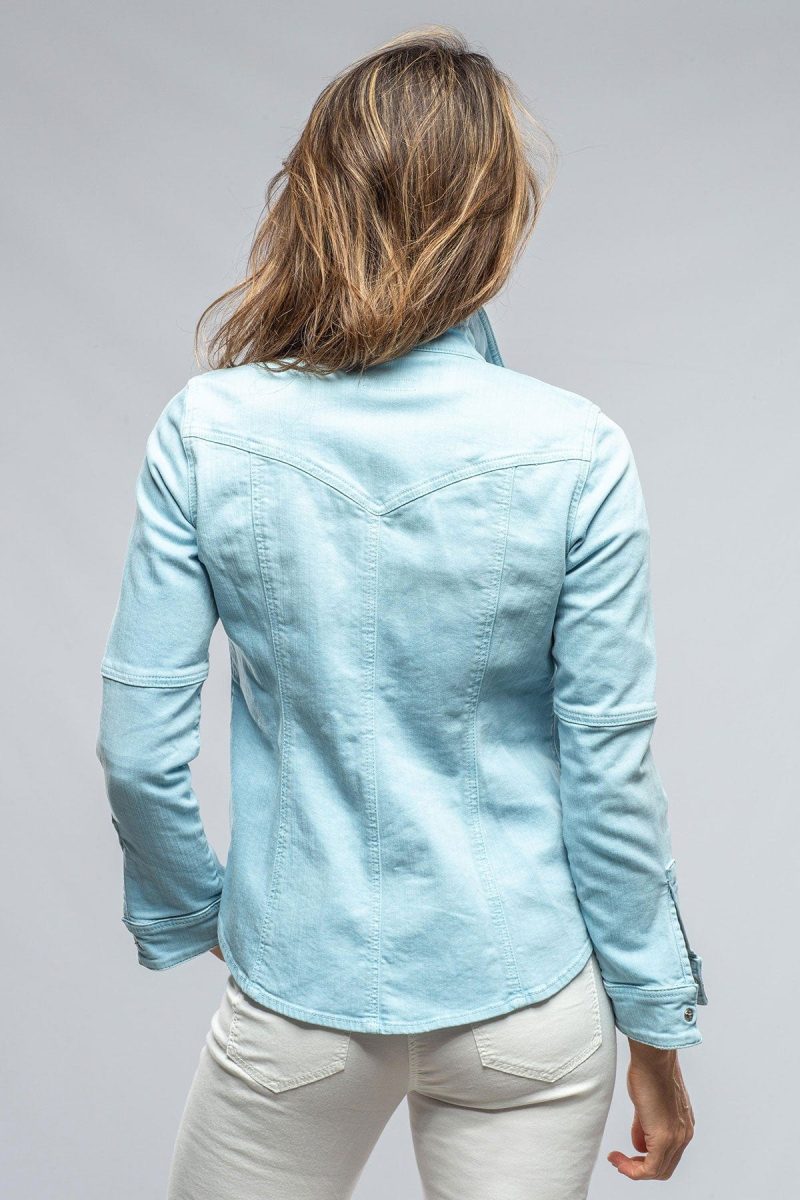 axels premium denim sweetwater denim shirt in washed periwinkle ladies tops axels vail 37373050749162