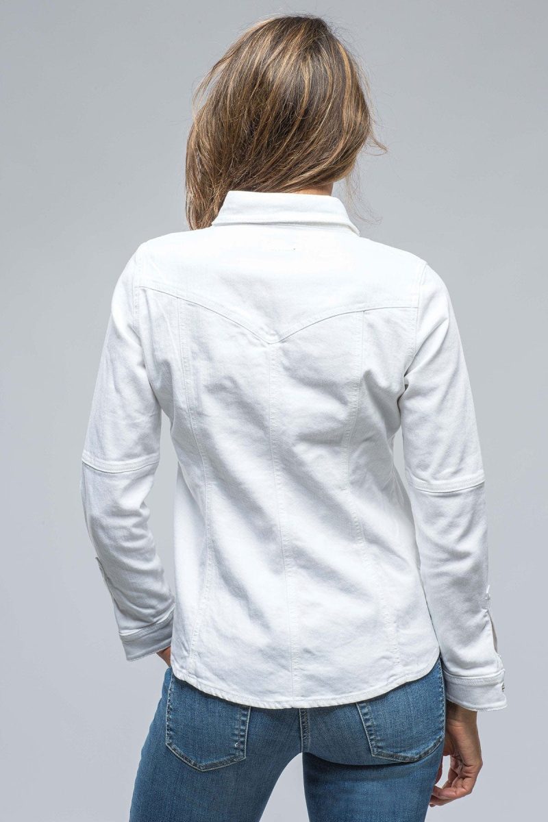 axels premium denim sweetwater denim shirt in white ladies tops axels vail 38539039932650