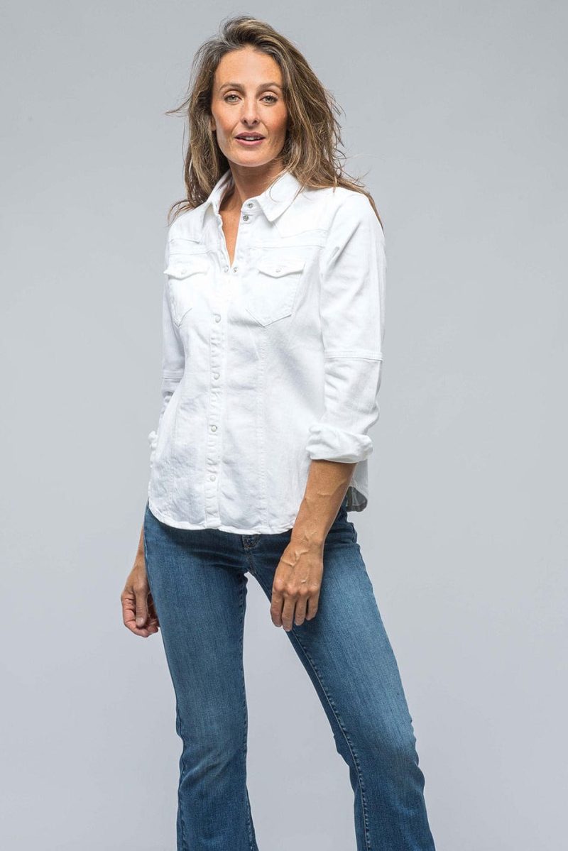 axels premium denim sweetwater denim shirt in white ladies tops axels vail 38539047403754