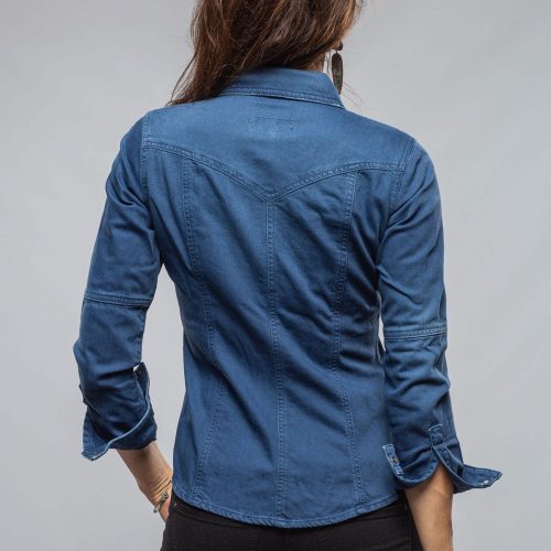 axels premium denim sweetwater denim snap shirt in indaco ladies tops axels vail 40629971583210