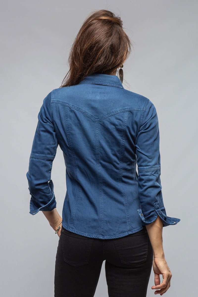 axels premium denim sweetwater denim snap shirt in indaco ladies tops axels vail 40629971583210