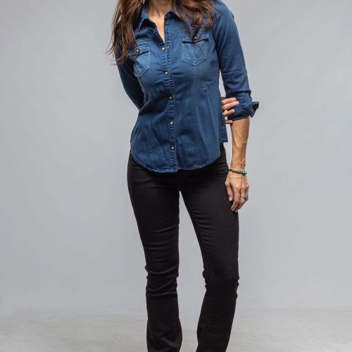 axels premium denim sweetwater denim snap shirt in indaco ladies tops axels vail 40629971976426