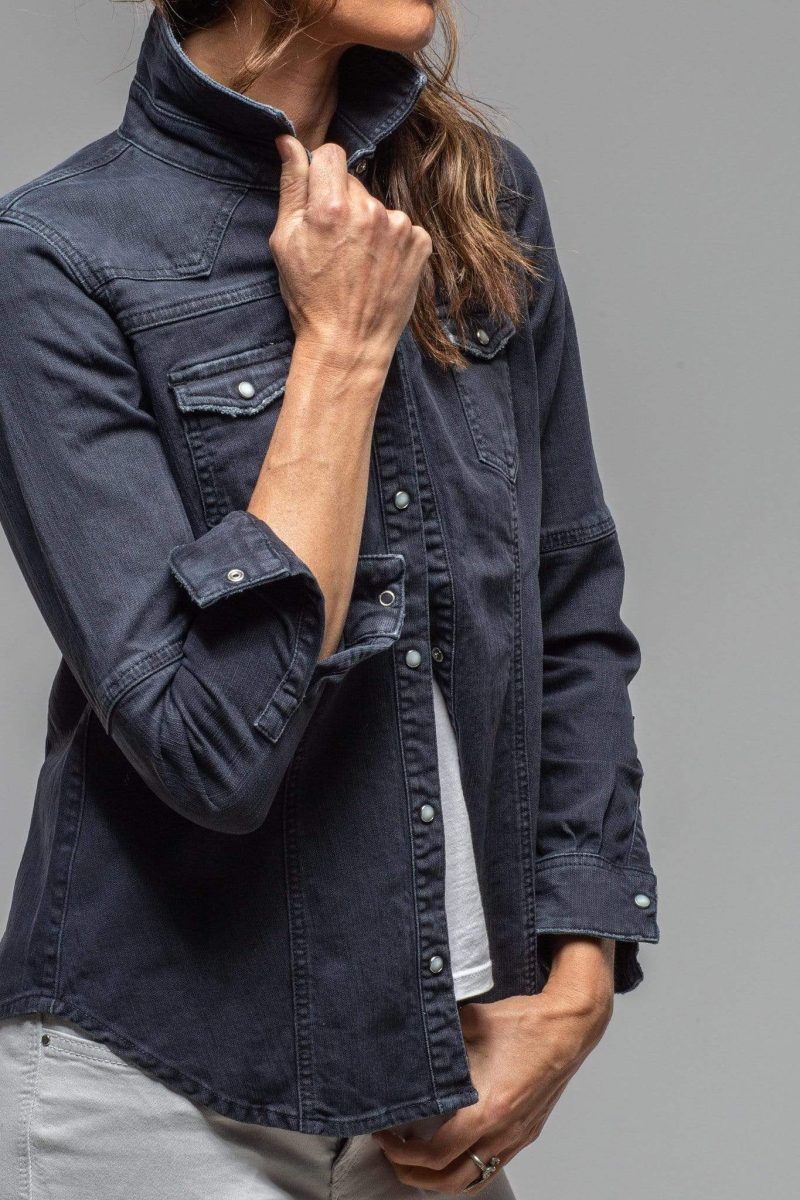 axels premium denim sweetwater stone wash denim shirt in anthracite ladies tops axels vail 30101360017597