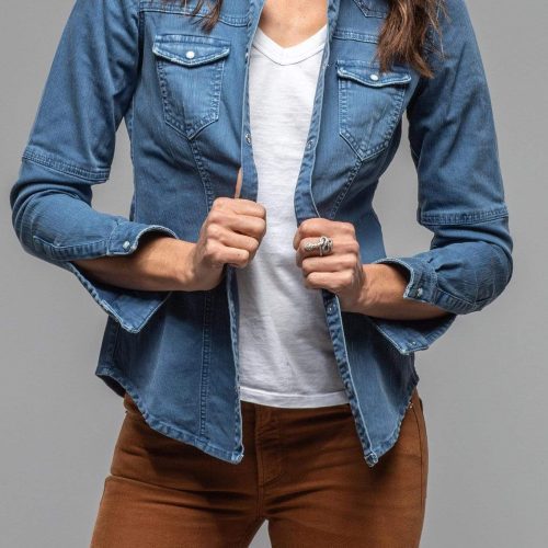 axels premium denim sweetwater stone wash denim shirt in indigo ladies tops axels vail 30101412643005