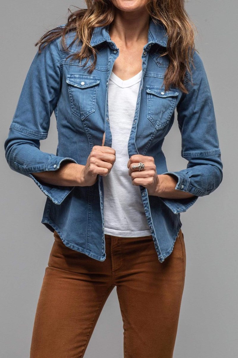 axels premium denim sweetwater stone wash denim shirt in indigo ladies tops axels vail 30101412643005