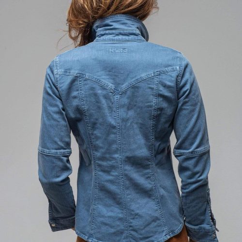 axels premium denim sweetwater stone wash denim shirt in indigo ladies tops axels vail 30101413200061