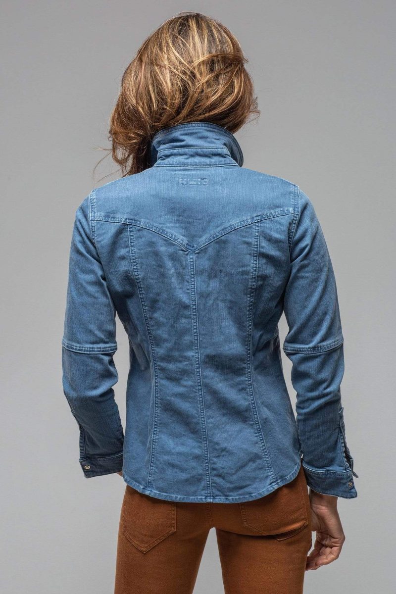 axels premium denim sweetwater stone wash denim shirt in indigo ladies tops axels vail 30101413200061