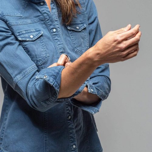 axels premium denim sweetwater stone wash denim shirt in indigo ladies tops axels vail 30101413429437