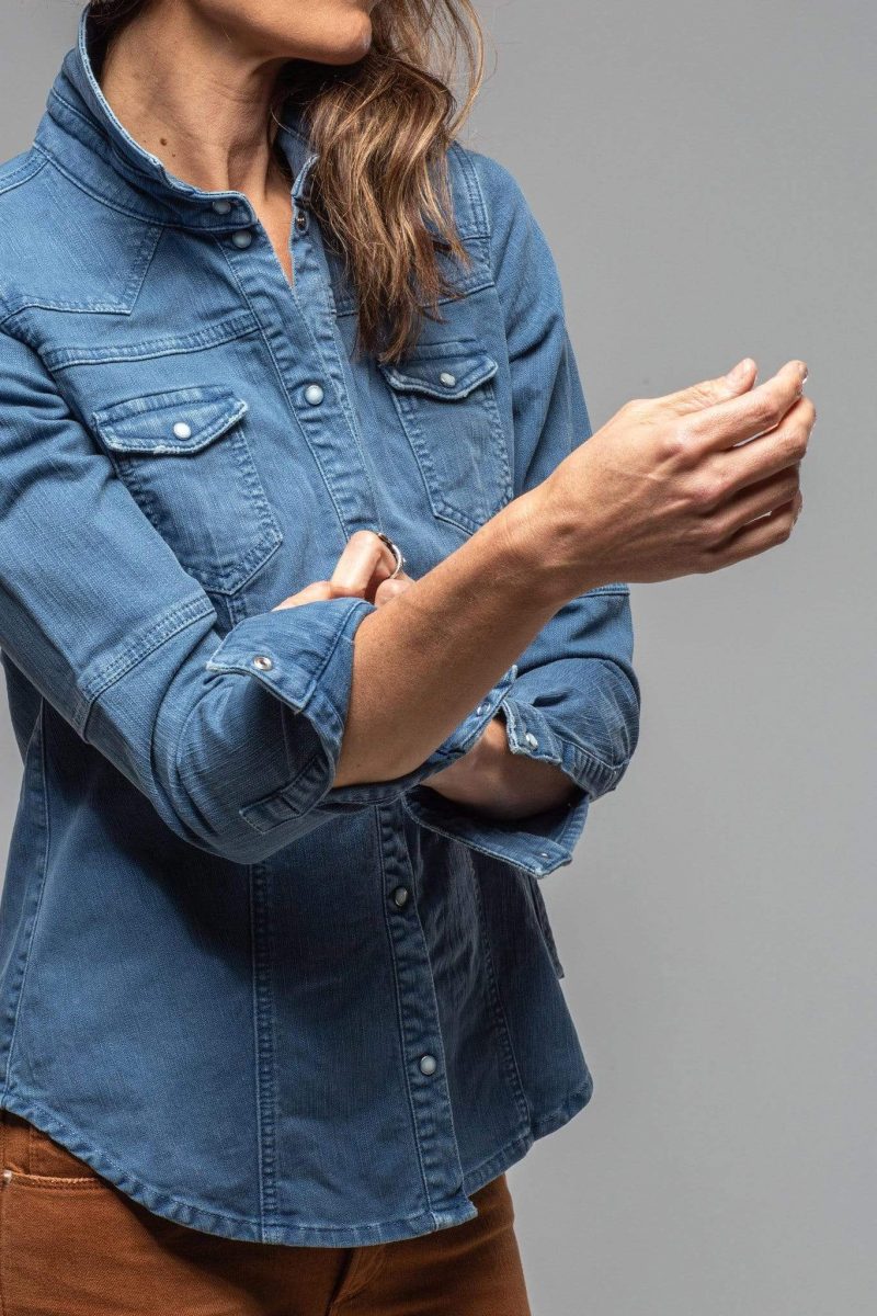 axels premium denim sweetwater stone wash denim shirt in indigo ladies tops axels vail 30101413429437