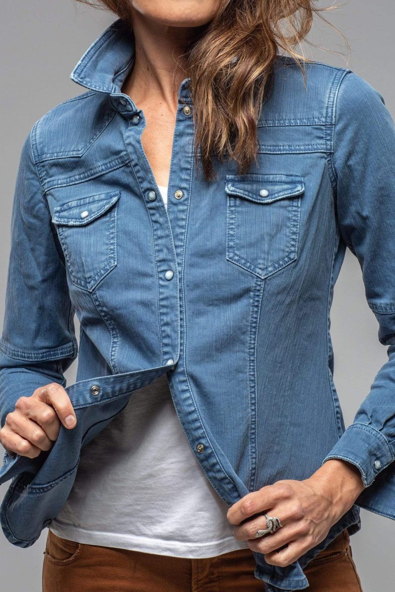 axels premium denim sweetwater stone wash denim shirt in indigo ladies tops axels vail 30101413724349