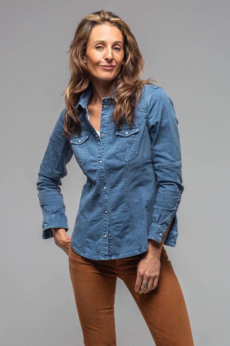 axels premium denim sweetwater stone wash denim shirt in indigo ladies tops axels vail 30101546533053