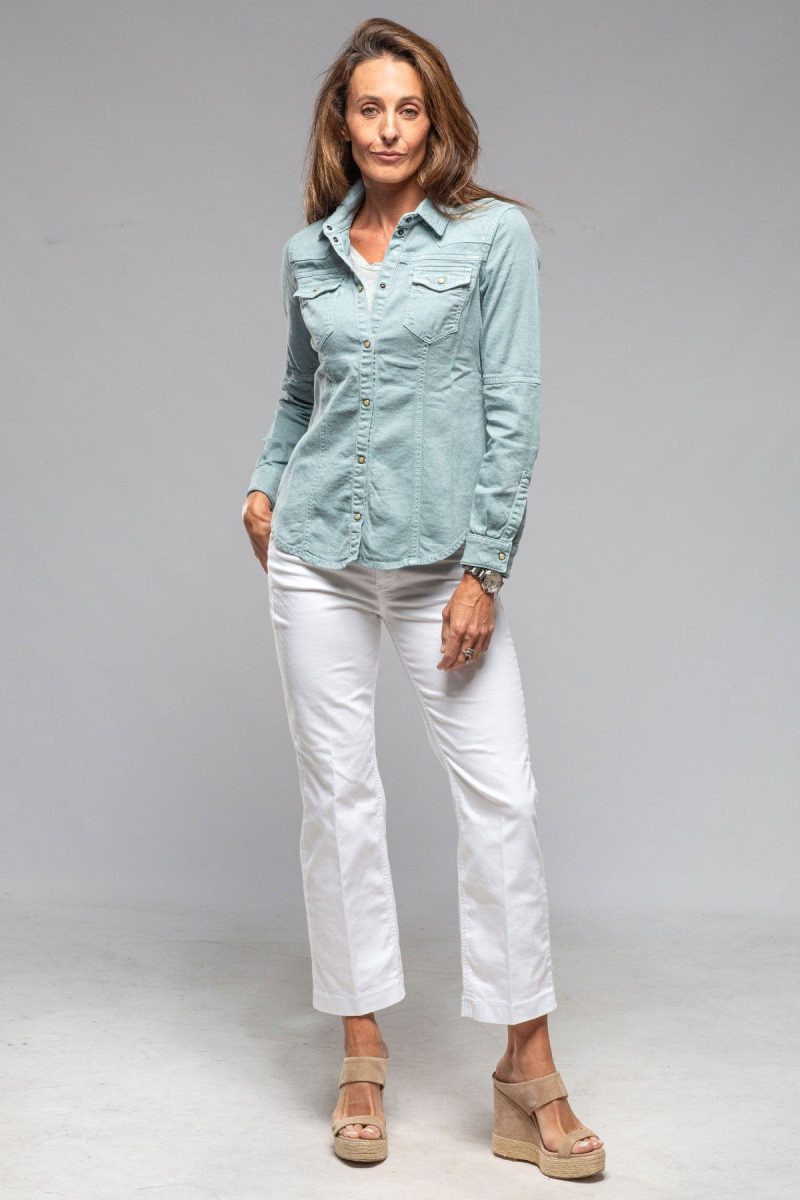 axels premium denim yarmony linen cotton denim shirt in ardesia ladies tops axels vail 40217765216490