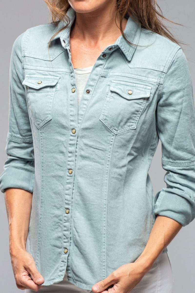 axels premium denim yarmony linen cotton denim shirt in ardesia ladies tops axels vail 40217766920426